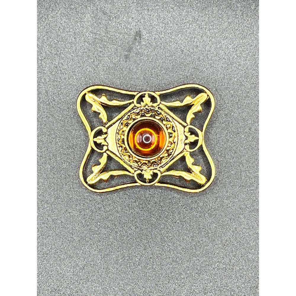 Gold Tone Brooch Amber Color Stone Ornate Filigree Women Heirloom 1.75" Vtg‎
